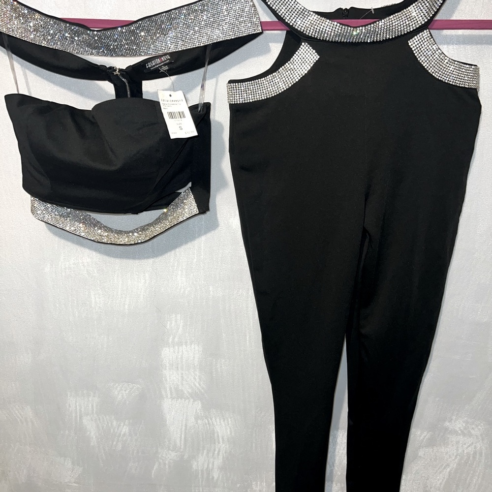 NWT Fashion Nova Rhinestone Top S with Easy Pickins Rhinestone Pants S 😍😍😍
